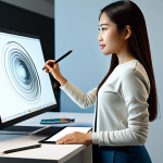 A professional Malaysian female digital artist in a modest long-sleeved top and trousers, confidently presenting her digital artwork on a large screen in a modern, well-lit design studio. She holds a stylus, standing beside a high-resolution graphic tablet. The background shows subtle elements of creative work, like art tools neatly arranged on a desk. The scene conveys expertise and professional recognition in the digital art industry. Perfect anatomy, correct proportions, natural pose, well-formed hands, proper finger count, natural body proportions. Safe for work, appropriate content, fully clothed, professional dress, modest clothing, high quality professional photography.