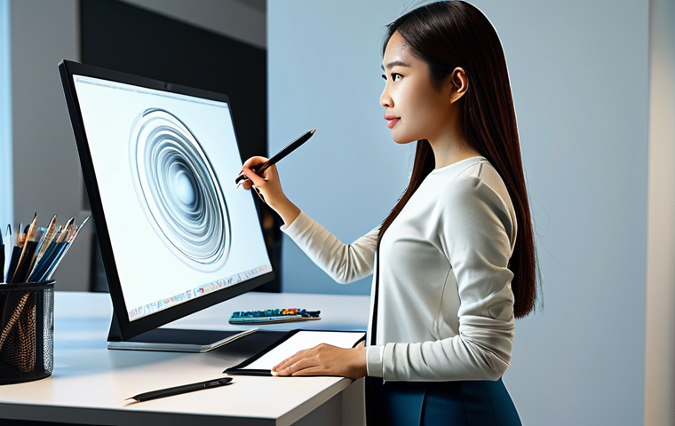 A professional Malaysian female digital artist in a modest long-sleeved top and trousers, confidently presenting her digital artwork on a large screen in a modern, well-lit design studio. She holds a stylus, standing beside a high-resolution graphic tablet. The background shows subtle elements of creative work, like art tools neatly arranged on a desk. The scene conveys expertise and professional recognition in the digital art industry. Perfect anatomy, correct proportions, natural pose, well-formed hands, proper finger count, natural body proportions. Safe for work, appropriate content, fully clothed, professional dress, modest clothing, high quality professional photography.
